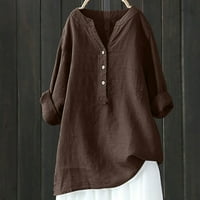 Najbolje ženske ljetne košulje s izrezom u obliku slova U i dugim rukavima, labava bluza od tunike od pamuka i lana na kopčanje