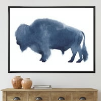 Dizajnerska umjetnost tamnoplava silueta bizona na bijeloj pozadini zidni otisak na platnu uokviren seoskom kućom