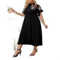 Elegantne crne haljine plus veličine s kratkim rukavima s cvjetnim ovratnikom A kroja
