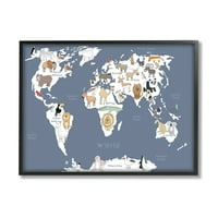 Stupell Industries preslatka životinja Animal World Map Kid's Lion Tiger Bear Graphic Art Black Framed Art Print Wall Art, 11x14