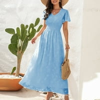 Ljetne haljine za žene A kroja s kratkim rukavima do gležnja, modna jednobojna haljina s plavim izrezom u obliku slova A
