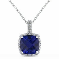 Miabella žena 5-karat T.G.W. Jastuk Checkerboard Cut stvorio je Blue Sapphire i Carat T.W. Okrugli dijamantni privjesak od srebrnog