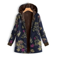 Ženski topovi, Zimska topla cvjetna gornja odjeća s džepovima s kapuljačom, preveliki Vintage kaputi u tamnoplavoj boji 5 inča