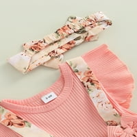 Odjeća za djevojčice, ružičasti kombinezon s dugim rukavima s cvjetnim printom i pokrivalo za glavu s mašnom
