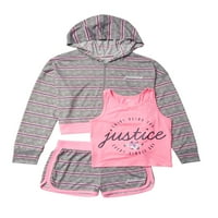 Justice Girls 3-komad salona tenka, kratki i puni patentni hoodie set za spavanje, veličine 5-18