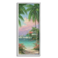 Tropska plaža palme privezani brodovi Obalno slikarstvo u sivom okviru umjetnički tisak zidna umjetnost
