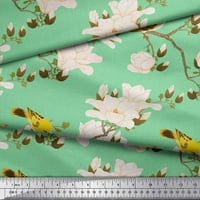 Gusta satenska tkanina u zelenoj boji s cvjetnim printom i lišćem, tkanina s otiskom ptice širine dvorišta