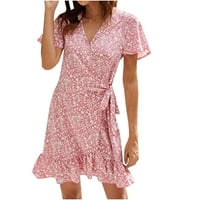 Haljine za žene ljetne modne ženske ljetne haljine od čipkastog šifona s cvjetnim volanima i kratkim rukavima u obliku slova u u