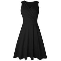 crna haljina za žene s izrezom u obliku slova u, jednobojna haljina bez rukava do koljena, vintage retro haljina s dugim rukavima