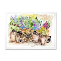 DesignArt 'cvjetovi lavande na drevnoj kolica ilustracije' tradicionalni uokvireni umjetnički tisak