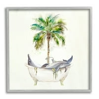 Stupell Industries Delfini u kadici Palm Tree Animals & Insects Slikanje sive uokvirene umjetničke print zidne umjetnosti