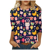 Vrhovi u donjem rublju, ženska modna ležerna bluza s rukavima od tri četvrtine s uskršnjim printom, pulover s okruglim vratom, tamnoplavi