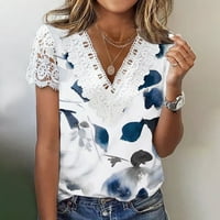 Ženska majica od čipke s povremenim printom s kratkim rukavima S izrezom u obliku slova U i čipkastim rukavima