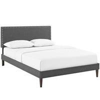 Krevet s platformom od tkanine s četvrtastim šiljastim nogama u sivoj boji