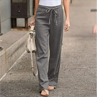 ; Ženske pamučne lanene hlače ležerni jednobojni džepovi za zavoj elastični pojas udobne ravne hlače široke hlače