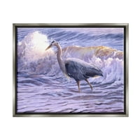 Ptica dizalica koja prska u oceanskim valovima obalna fotografija Sivi plovak uokvireni umjetnički tisak zidna umjetnost