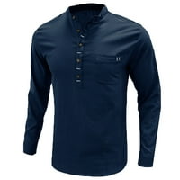 Muške košulje, košulje Dugih rukava, laneni pulover s izrezom u obliku slova A i ovratnikom, gornji dio s džepom i gumbima, plava