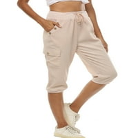 Ženske Capri hlače, ravne hlače, hlače visokog struka, Ležerne teretne hlače, marelica na plaži
