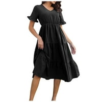 Haljine u obliku slova A., ženska modna jednobojna Maksi haljina s izrezom u obliku slova A i slojevitim raširenim rukavima, Crna
