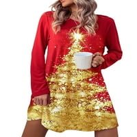 Ženska Božićna majica s okruglim vratom, široka haljina s dugim rukavima, ležerna Mini haljina s božićnim printom, lepršava ljuljačka