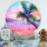 DesignArt 'živopisni zalazak sunca s zamahom i palmom' nautički i obalni krug metal zidna umjetnost - disk od 11
