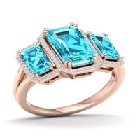Carski dragulj 10k ružičasto zlato, Švicarski rez Smaragd, plavi topaz, dijamant, ženski prsten s aureolom od tri kamena