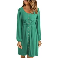 Udobna ženska ležerna haljina-ležerna jesenska jednobojna seksi haljina s izrezom i gumbima U obliku slova U, dugih rukava, Zelena