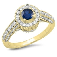 Vjenčani zaručnički prsten u vintage stilu U kolekciji A. M. s okruglim plavim safirom i bijelim dijamantom od 14 karata, žuto zlato,