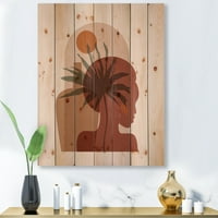 Dizajnerska umjetnost apstraktni portret lijepe djevojke i tropskog palminog lista suvremeni otisak na prirodnom borovom drvetu