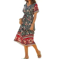 Ženska boemska haljina sarafan visokog struka s kratkim rukavima S izrezom u obliku slova A