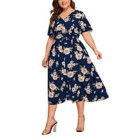 Ljetne haljine za žene, modna ljetna ležerna haljina kratkih rukava s izrezom i printom, plava