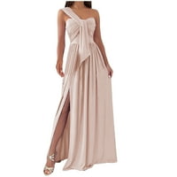 Proljetne haljine za žene, ženske ljetne elegantne jednobojne pripijene haljine s jednim ramenom bez rukava s prorezom na dnu u bež
